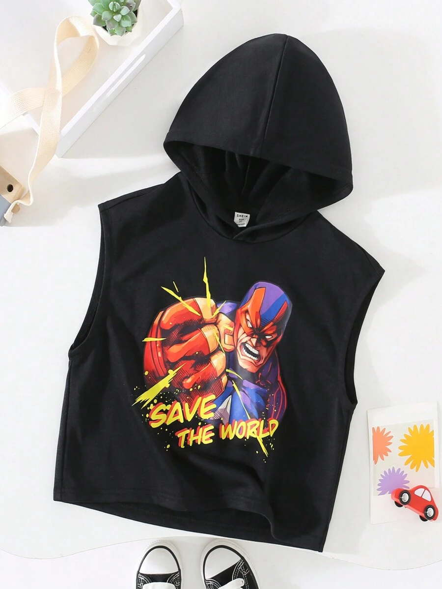 SHEIN Young Boy Cartoon Character Loose Fit Sleeveless Hoodie With Wide Straps For Casual Wear - Black - View 1