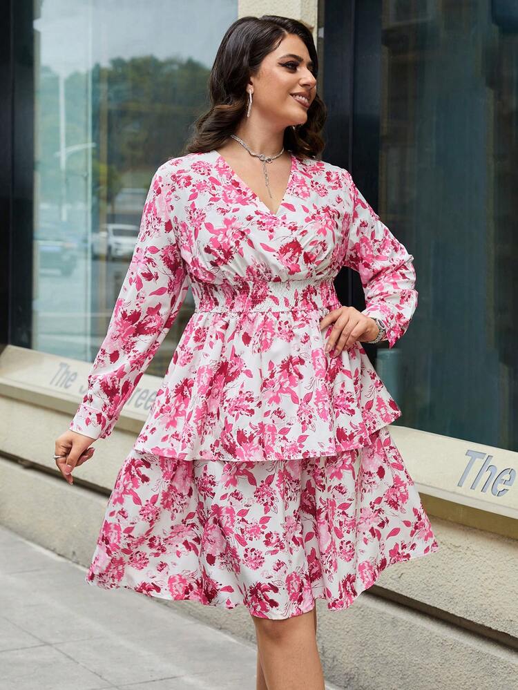 Plus Size Women's Full Printed Wrap Neckline Dress With Cinching Waist