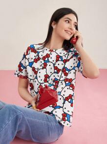 HELLO KITTY AND FRIENDS | SHEIN Camiseta De Manga Corta Con Estampado De Dibujos Animados En Todo El Cuerpo Y Cuello Redondo - Blanco - Ver 6
