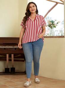 SHEIN LUNE Plus Size Summer Striped Blouse With Notched Collar - Red and White - View 3