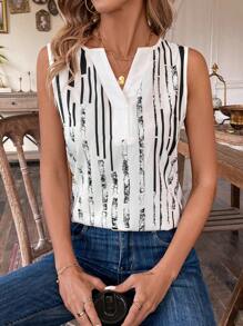 SHEIN LUNE Women's Striped Print Notched Neck Casual Sleeveless Top - White - View 5