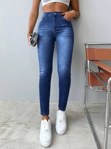 RueChic Women's High Waisted Slim Fit Jeans With Slanted Pockets - Dark Wash - View 1