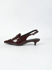 女用尖頭穆勒細高跟涼鞋,編織鞋面高跟瑪莉珍鞋 - 酒紅色 - 查看 6