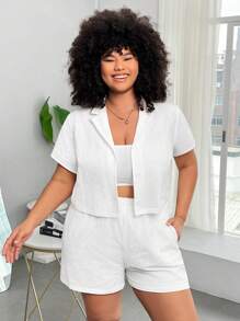 SHEIN EZwear Women'S Plus Size Solid Color Textured Casual Shirt And Shorts Set - White - View 1