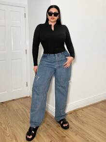 SHEIN Essnce 大尺碼女款半高領短袖上衣,設有拉鍊 - 黑色 - 查看 3