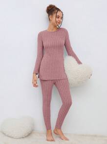SHEIN 少女毛茸茸紋織邊側分裂t恤和緊身褲睡衣套裝 - 藕粉色 - 查看 3