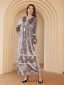 印花流蘇細節阿拉伯洋裝 - 卡其色 - 查看 5