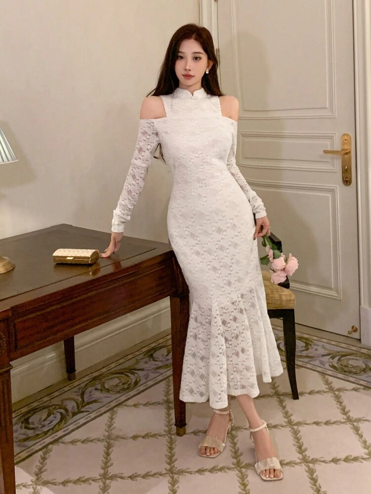 Women's Open Shoulder Lace Splice Mermaid Hem Dress, Birthday Prom Dress,Fall Dress Long Sleeve Dress Elegant Women Dresses Maxi Dress