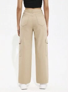 SHEIN PETITE Solid Color Straight Leg Denim Jeans With Cargo Style - Khaki - View 2