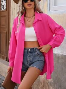 SHEIN LUNE Women's Solid-Colored Drop-Shoulder Shirt Fall Cloth For Women - Red Violet - View 6