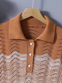 Sencillo Jersey De Cuello Alto De Rayas Onduladas Con Agujeros, Con Un Estilo De Moda Para Chicas Adolescentes - Caqui - Ver 3
