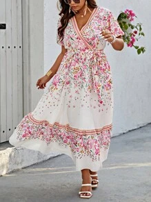 SHEIN LUNE 女式加大码波西米亚风花卉印花 V 领收腰连衣裙，适合夏季 - 粉色 - 查看 4