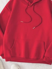 SHEIN EZwear Slogan Print Drawstring Hooded Drop Shoulder Sweatshirt - Red - View 2