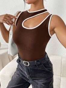 SHEIN Essnce Của phụ nữ Bất đối xứng Đường viền cổ áo Khối màu Cắt tỉa Áo ba lỗ - Cà phê nâu - Xem 4