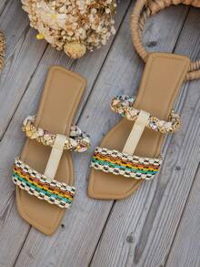 Sandalias Planas Para Mujeres, Chanclas Multicolor Slip-on Con Diseños Y Patrones Simples Para La Playa Y Comodidad - Multicolor - Ver 4