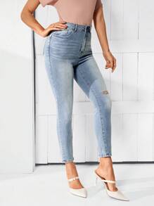 SHEIN LUNE Women's Distressed Slim Fit Jeans - Medium Wash - View 4