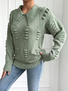 EURMUSE Kết cườm Chi tiết Cổ áo tây Tay áo dài Áo len - Màu xanh Bạc hà - Xem 3