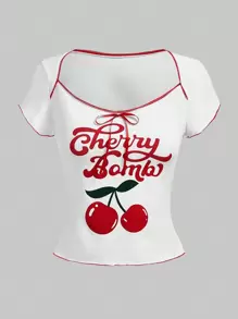 ROMWE Kawaii 情人节樱桃印花透明网眼女款上衣 Cherry Bomb - 白色 - 查看 1