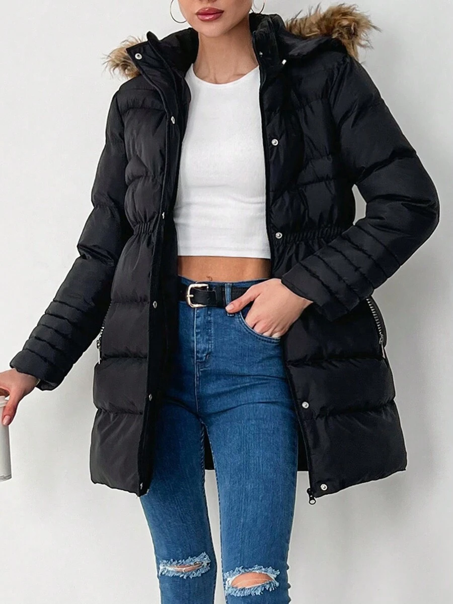 EURMUSE Women's Fashionable Versatile Cinched Waist Faux Fur Collar Hooded Jacket, Winter - Black - View 1