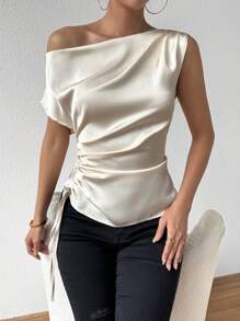 Chiquease 女用斜肩側褶襯衫 - 杏色 - 查看 5