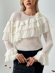 SHEIN Privé Solid Color 3d Floral Decorated Ruffle Trim Blouse