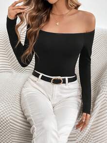 SHEIN Tall Women's Solid Off Shoulder Long Sleeve Bodysuit - Black - View 6