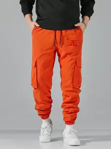Manfinity Hypemode 男士纯色抽绳腰工装裤，外出纯色长款休闲裤，适合丈夫、男朋友的礼物，适合秋季 - 亮橙色 - 查看 4