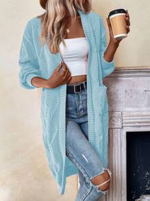 SHEIN Frenchy 實色休閒針織開衫,雙口袋和開放式前端設計 - 藍色 - 查看 3