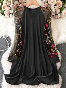 SHEIN Clasi Women's Plus Size Floral Embroidery Mesh Panel Splicing Round Neck Dress - Black - View 1