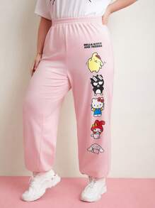 HELLO KITTY AND FRIENDS | SHEIN Plus Cartoon Print Elastic Waist Joggers - Pink - View 1