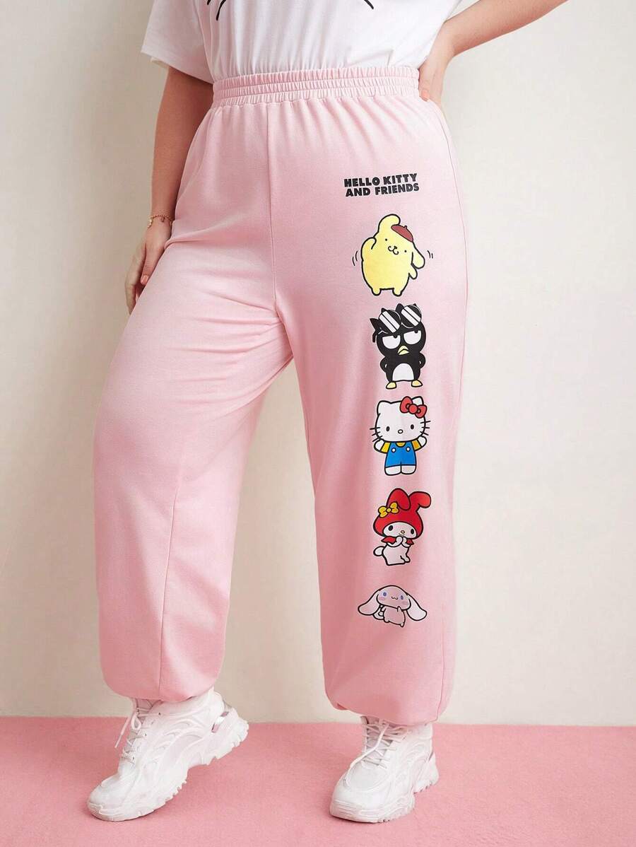 HELLO KITTY AND FRIENDS | SHEIN Plus Cartoon Print Elastic Waist Joggers - Pink - View 1