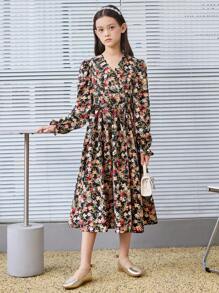 SHEIN Tween Girl 复古花卉印花裹身式长袖束带连衣裙 - 彩色 - 查看 3