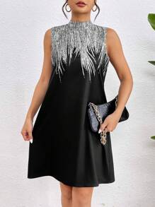 SHEIN Clasi 女式無袖立領連衣裙,印花圖案設計 - 黑色 - 查看 1