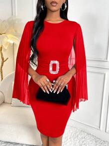 SHEIN Clasi Solid Color Cape Sleeve Dress With Rhinestone Decoration - Red - View 4