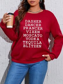 SHEIN EZwear Women's Plus Size Slogan Printed Round Neck Drop Shoulder Sweatshirt - Red - View 1