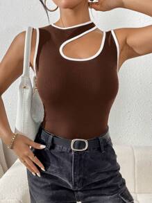 SHEIN Essnce Của phụ nữ Bất đối xứng Đường viền cổ áo Khối màu Cắt tỉa Áo ba lỗ - Cà phê nâu - Xem 1