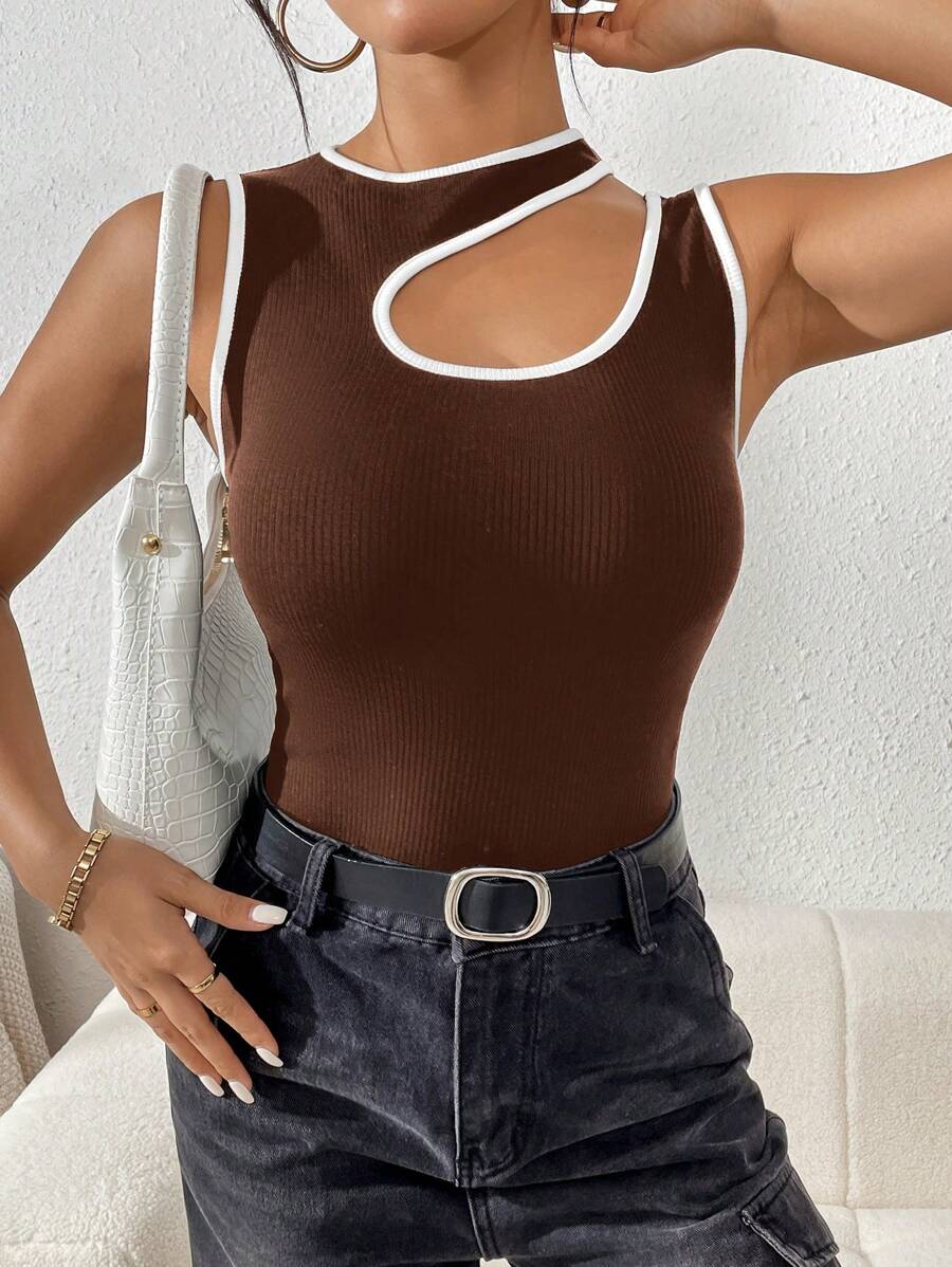 SHEIN Essnce Của phụ nữ Bất đối xứng Đường viền cổ áo Khối màu Cắt tỉa Áo ba lỗ - Cà phê nâu - Xem 1