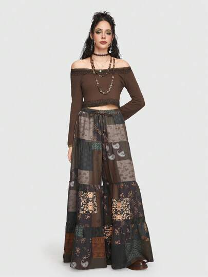 ROMWE Hippie Women's Patchwork Printed Wide Leg Pants