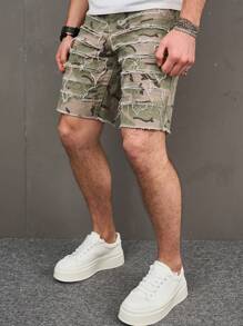 Manfinity EMRG Men'S Camouflage Printed Frayed Hem Patchwork Denim Shorts - Multicolor - View 5