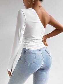 Chiquease Của phụ nữ Một  vai Tay áo dài Viền không đối xứng Áo thun - trắng - Xem 2