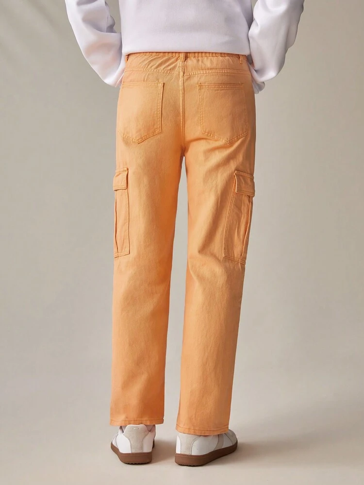 1pc Solid Color Flap Pocket Jeans