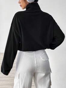 SHEIN EZwear Women's Slogan Print Stand Collar Sweatshirt With Drawstring Hem - Black - View 2