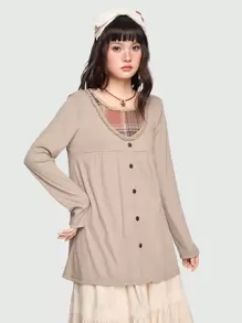 ROMWE J-Fashion 女裝格紋拼接長袖t恤 - 棕色 - 查看 5