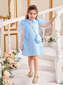 Vestido azul elegante para niña con mangas tipo cascada de malla con hebilla de metal - Celeste - Ver 1