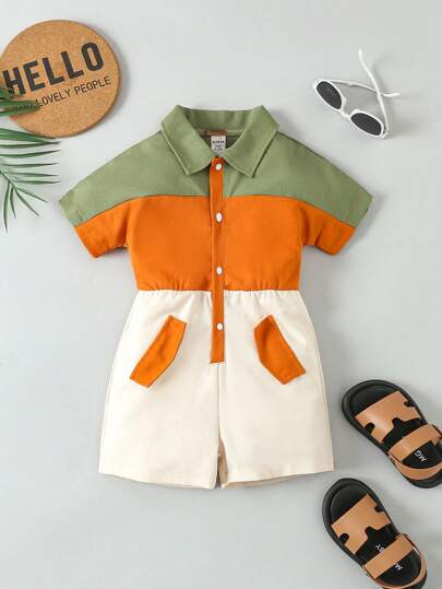 嬰兒男童胸前開襟毛衣連體衣，設有按扣，配馬卡龍顏色短褲