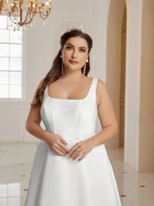 SHEIN Belle 女款大尺碼純白色方領修腰 A 字婚紗 - 白色 - 查看 6