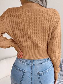 Solid Color Knitted Sweater With Braided Pattern Long Sleeve - Khaki - View 2