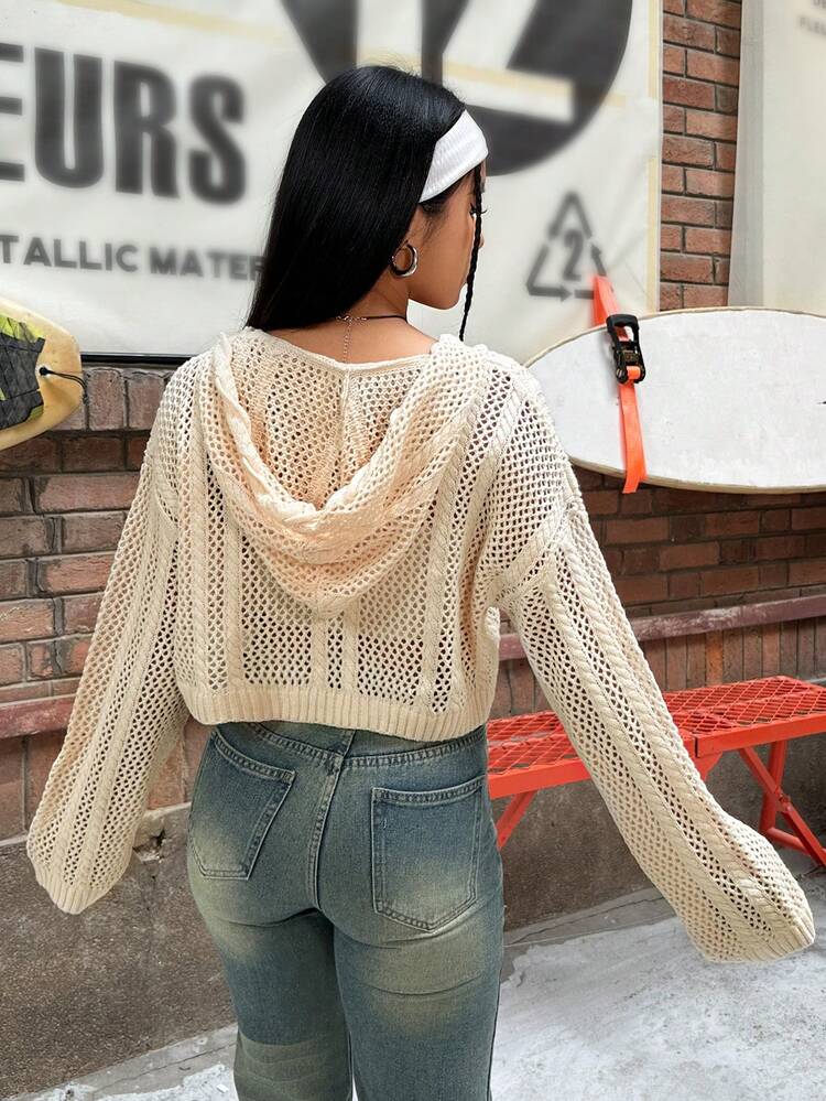 Long Sleeve Crochet Hollow Out Knit Lace Up Hooded Cardigan