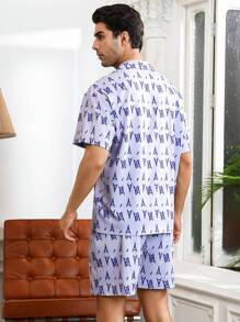 Men's Letter Printed Short Sleeve Homewear Set - Multicolor - View 2