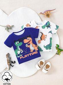 Baby Boy Cartoon Dinosaur & Letters Printed Short Sleeve T-Shirt - Multicolor - View 1